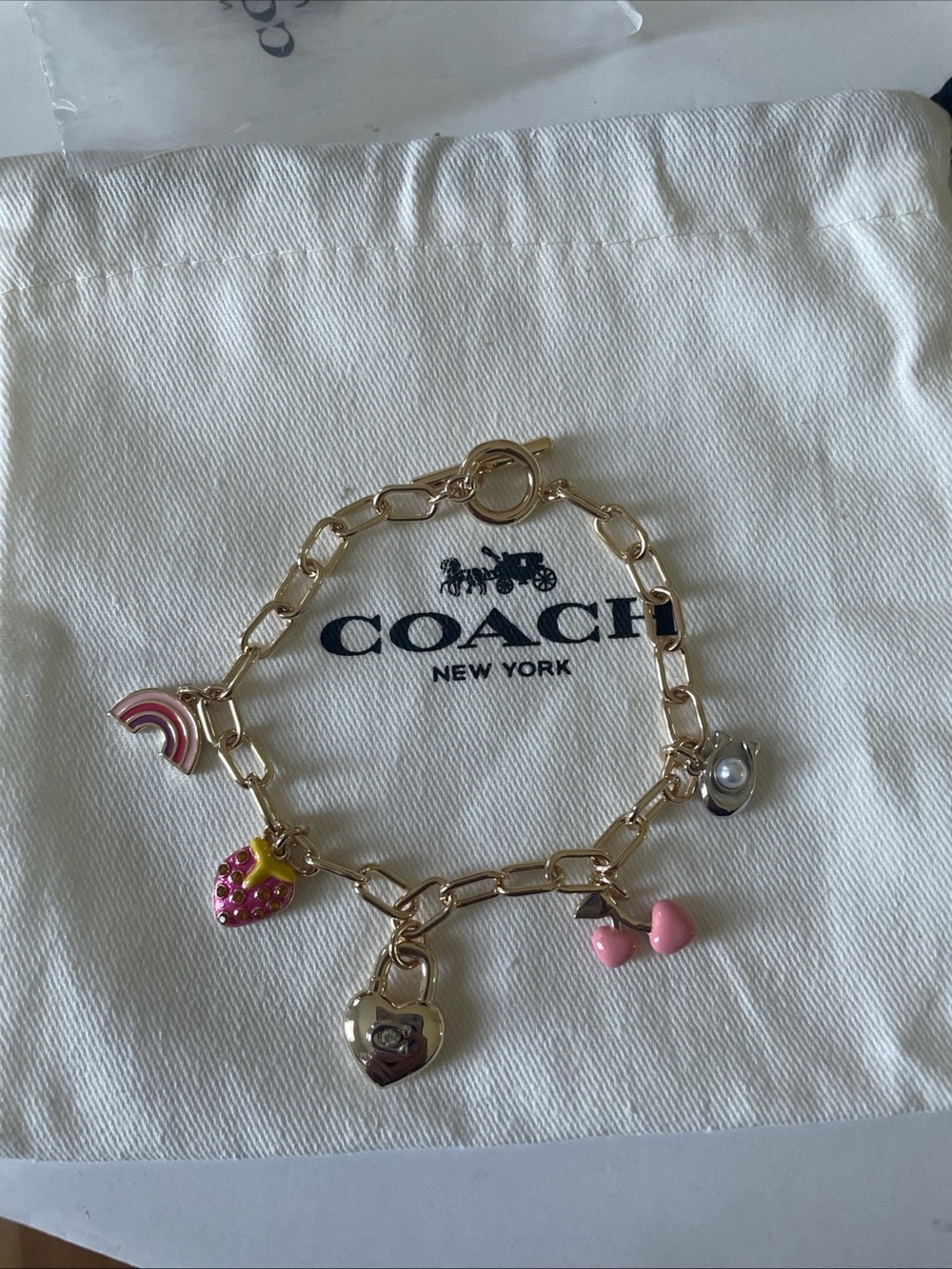 Coach Gold-Tone Charm Bracelet with Pink and Multicolor Charms